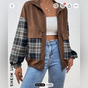 SHEIN LUNE Plaid Panel Drop Shoulder Jacket
